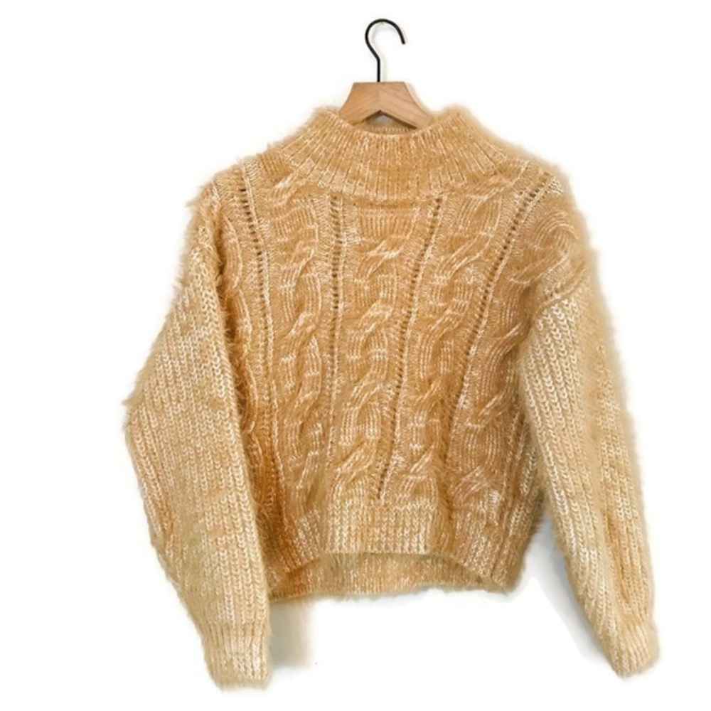 ASOS Beige Mock Neck Faux Mohair Braided Chunky Knit Cropped Sweater Women’s 6 S